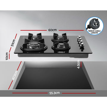 Devanti Gas Cooktop 60cm Stove Hob Black - 0