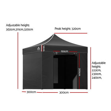 Instahut Gazebo Pop Up Marquee 3x3m Folding Tent Wedding Gazebos 500D Black - 0