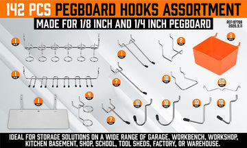 142Pc Pegboard Hooks Set Peg board Hanger Assortment Storage Trays Organizer Bin - 0