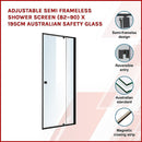 Adjustable Semi Frameless Shower Screen (82~90) x 195cm Australian Safety Glass - RnR Galore