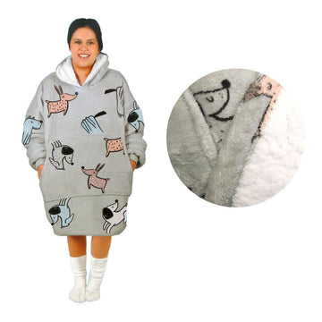 Adult Women Comfy Warm Blanket Hoodie with Sherpa Fleece Reverse Grey Dogs - RnR Galore