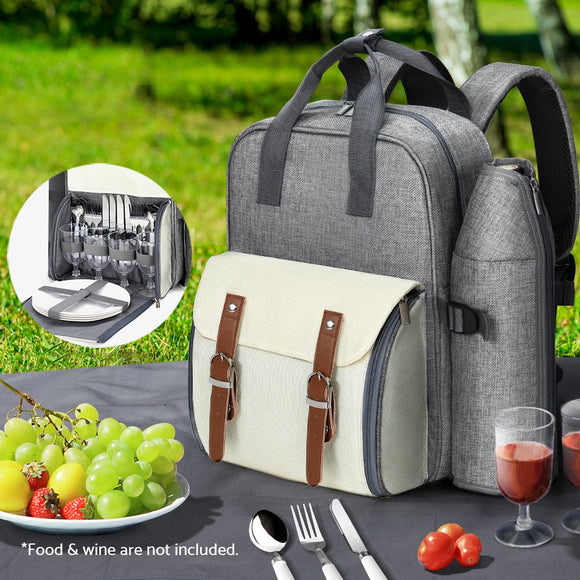 Alfresco 4 Person Picnic Basket Set Backpack Bag Insulated Grey - RnR Galore
