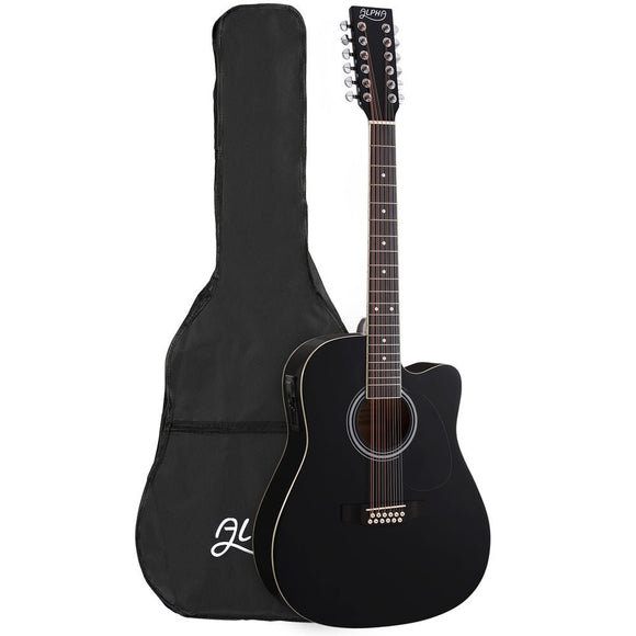 Alpha 42 Inch Acoustic Guitar 12 Strings w/ Equaliser Electric Output Jack Black - RnR Galore