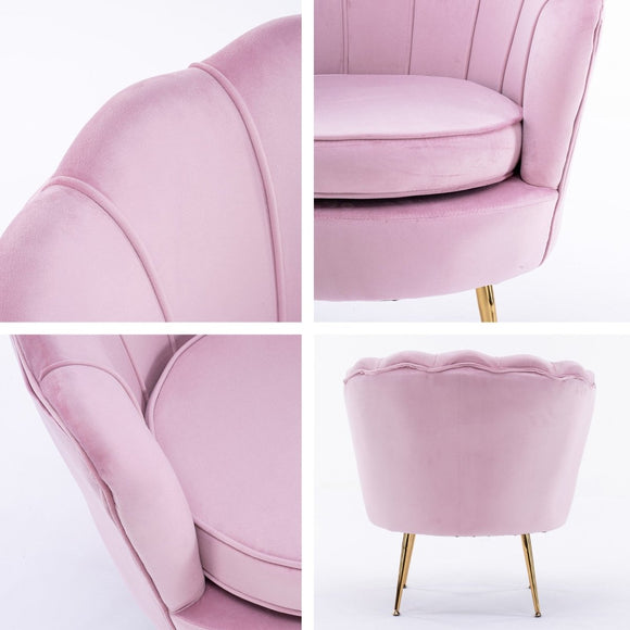 Armchair Lounge Chair Accent Velvet Shell Scallop + Round Ottoman Footstool PINK - RnR Galore