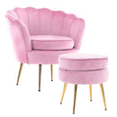 Armchair Lounge Chair Accent Velvet Shell Scallop + Round Ottoman Footstool PINK - RnR Galore