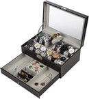 Black Leather Watch Box Jewelry Display Case with Drawers (12 Slots with 2 Layers) - RnR Galore