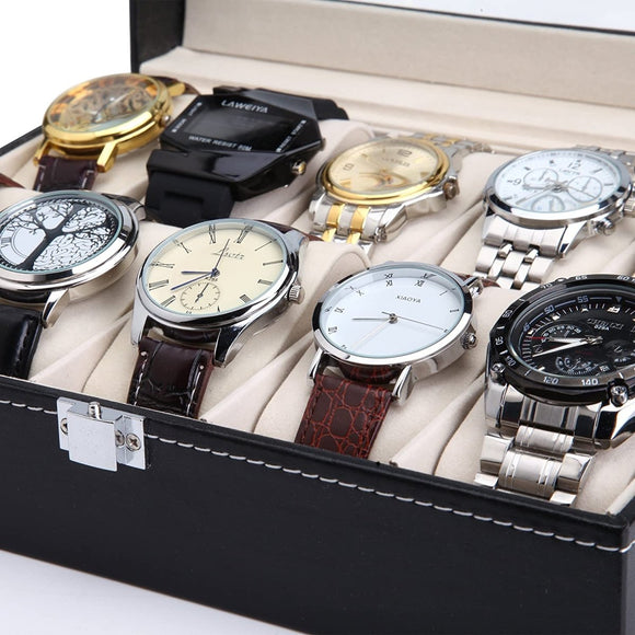 Black PU Leather Watch Organizer Display Storage Box Cases for Men & Women (10 slots) - RnR Galore