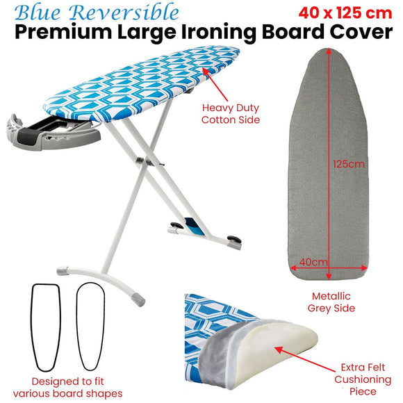 Blue Reversible Premium Large Ironing Board Cover with Underlay 40 x 125 cm - RnR Galore