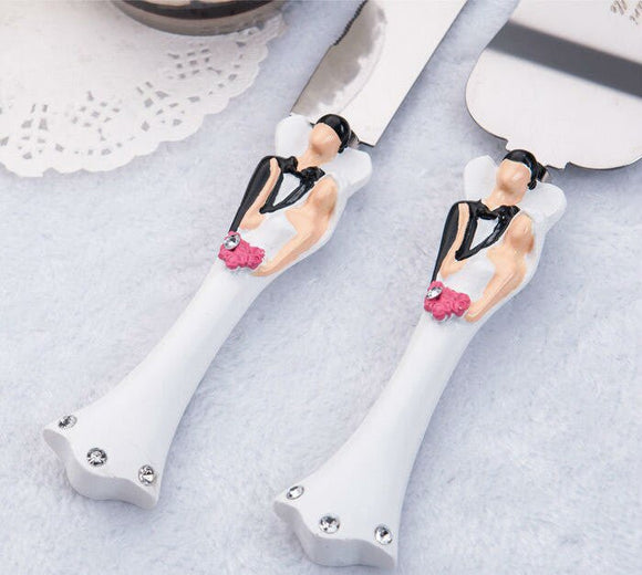 Bride Groom Cake Server Set Wedding Cake Knife and Silver Blade Server Set Boxed - Bride Groom Handles - RnR Galore