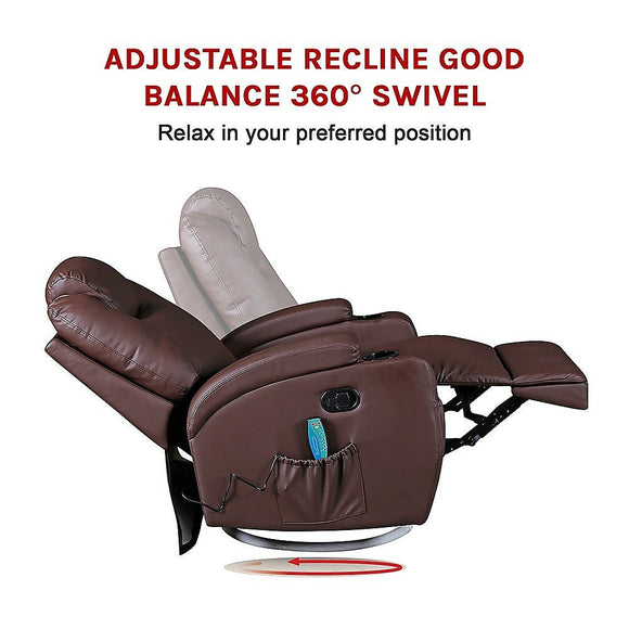 Brown Massage Sofa Chair Recliner 360 Degree Swivel PU Leather Lounge 8 Point Heated - RnR Galore