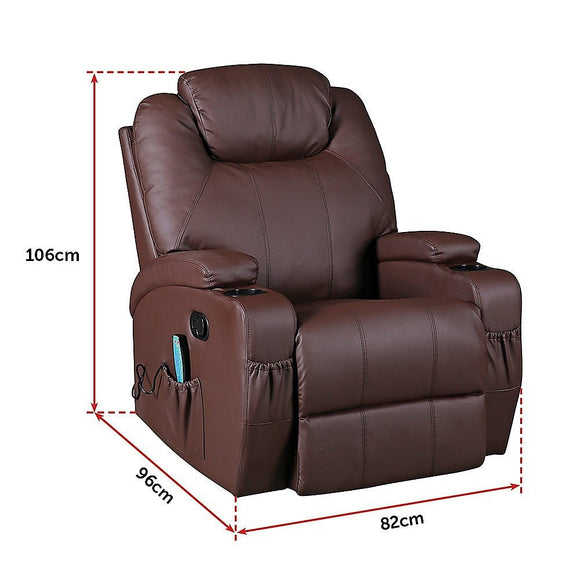 Brown Massage Sofa Chair Recliner 360 Degree Swivel PU Leather Lounge 8 Point Heated - RnR Galore