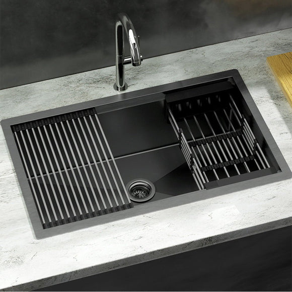 Cefito Kitchen Sink 70X45CM Stainless Steel Single Bowl Drain Rack Basket Black - RnR Galore