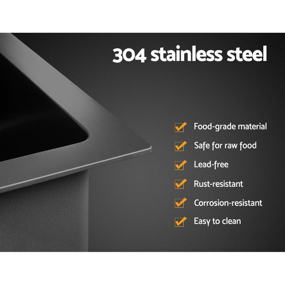 Cefito Kitchen Sink 70X45CM Stainless Steel Single Bowl Drain Rack Basket Black - RnR Galore