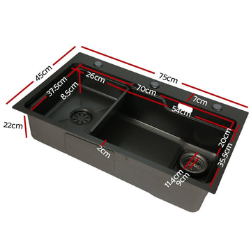 Cefito Kitchen Sink 75X45CM Stainless Steel Basin Single Bowl Drain Part Black - RnR Galore