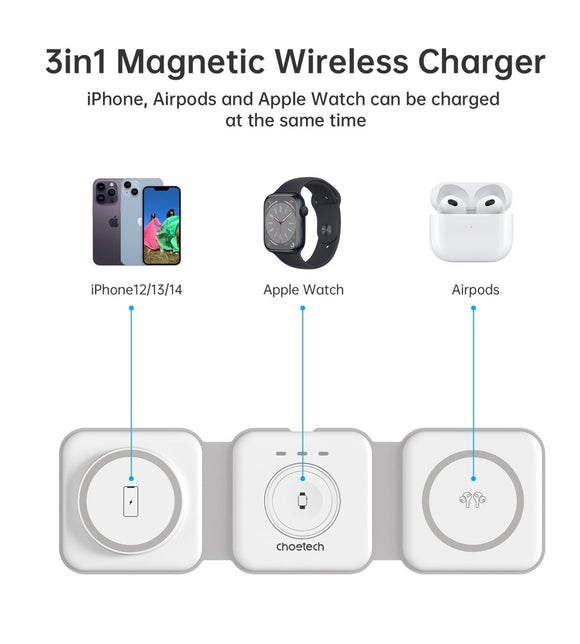 CHOETECH T588 - F - WH 3 - in - 1 Foldable Fast Wireless Charger for Phone/Watch/Earphone - RnR Galore