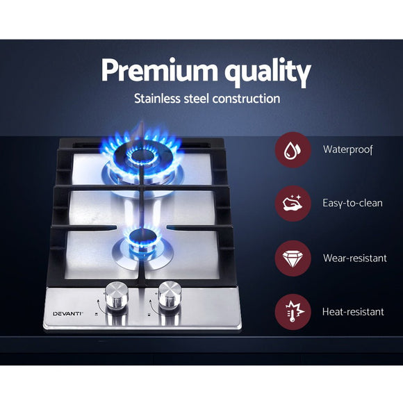 Devanti Gas Cooktop 30cm 2 Burner Silvir - RnR Galore