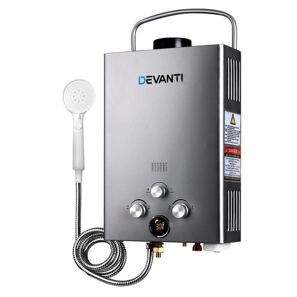 Devanti Portable Gas Water Heater 8L/Min With Pump LPG System Grey - RnR Galore