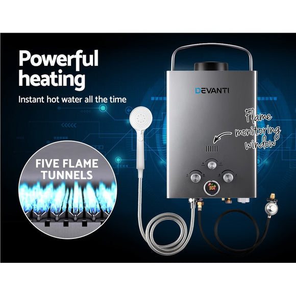 Devanti Portable Gas Water Heater 8L/Min With Pump LPG System Grey - RnR Galore