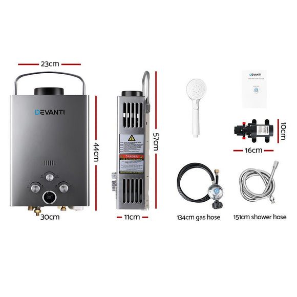 Devanti Portable Gas Water Heater 8L/Min With Pump LPG System Grey - RnR Galore