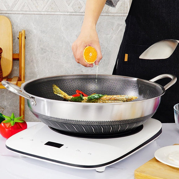 Double Ear 304 Stainless Steel 36cm Non - Stick Stir Fry Cooking Kitchen Wok Pan with Lid Honeycomb Double Sided - RnR Galore