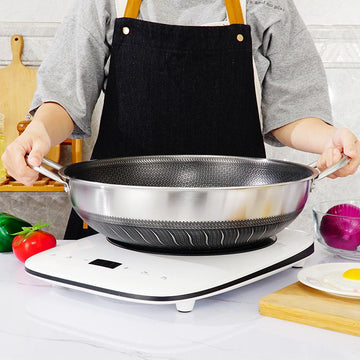 Double Ear 304 Stainless Steel 38cm Non - Stick Stir Fry Cooking Kitchen Wok Pan with Lid Honeycomb Double Sided - RnR Galore