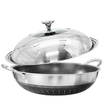 Double Ear 304 Stainless Steel 38cm Non - Stick Stir Fry Cooking Kitchen Wok Pan with Lid Honeycomb Double Sided - RnR Galore
