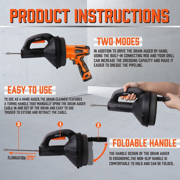 Drain Auger Drain Cleaner Unblocker Auger Sewage Pipe Cleaning Plumbing Tool - RnR Galore