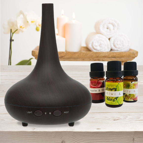 Essential Oil Diffuser Ultrasonic Humidifier Aromatherapy LED Light 200ML 3 Oils - Dark Wood Grain - RnR Galore