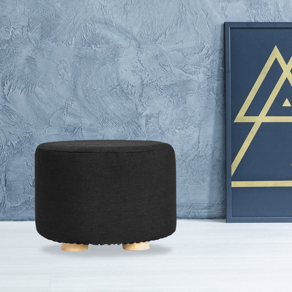 Fabric Ottoman Round Wooden Leg Foot Stool - BLACK - RnR Galore