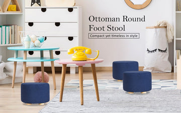 Fabric Ottoman Round Wooden Leg Foot Stool - DARK BLUE - RnR Galore