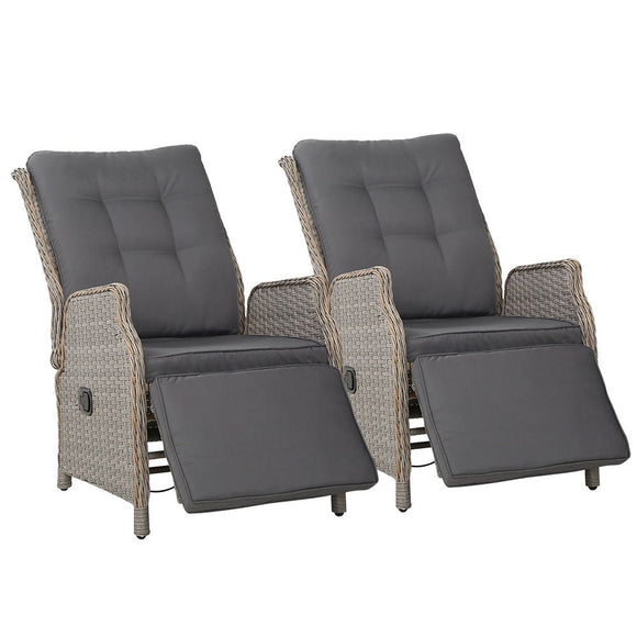 Gardeon 2PC Recliner Chairs Sun lounge Wicker Lounger Outdoor Furniture Adjustable Grey - RnR Galore