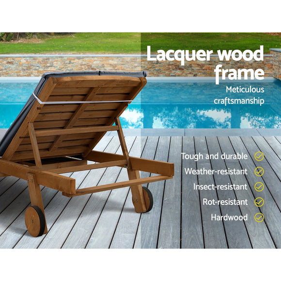Gardeon 2x Sun Lounge Wooden Lounger Outdoor Furniture Day Bed Wheel Patio Grey - RnR Galore