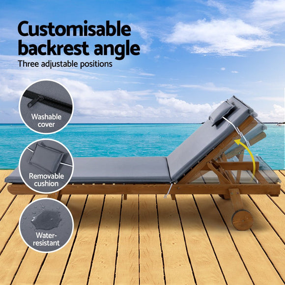 Gardeon 2x Sun Lounge Wooden Lounger Outdoor Furniture Day Bed Wheel Patio Grey - RnR Galore
