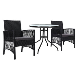 Gardeon 3PC Bistro Set Outdoor Furniture Rattan Table Chairs Cushion Patio Garden Lyra - RnR Galore