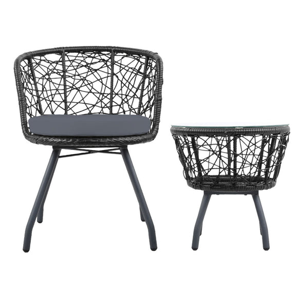 Gardeon 3PC Bistro Set Outdoor Furniture Rattan Table Chairs Patio Garden Cushion Black - RnR Galore
