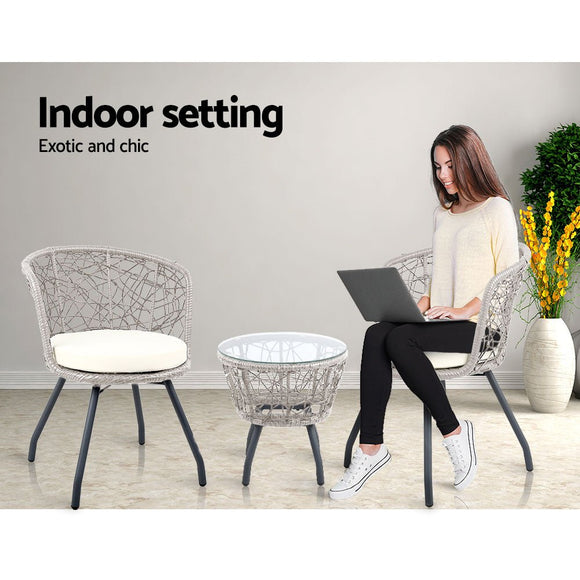 Gardeon 3PC Bistro Set Outdoor Furniture Rattan Table Chairs Patio Garden Cushion Grey - RnR Galore