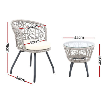 Gardeon 3PC Bistro Set Outdoor Furniture Rattan Table Chairs Patio Garden Cushion Grey - RnR Galore