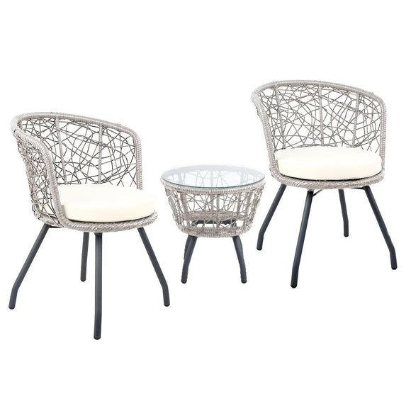 Gardeon 3PC Bistro Set Outdoor Furniture Rattan Table Chairs Patio Garden Cushion Grey - RnR Galore