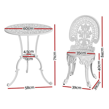 Gardeon 3PC Patio Furniture Outdoor Bistro Set Dining Chairs Aluminium White - RnR Galore