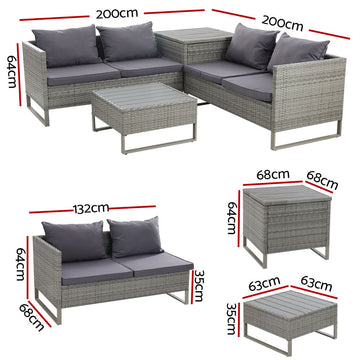 Gardeon 4 - Seater Outdoor Sofa Furniture Lounge Set Wicker Setting Grey - RnR Galore