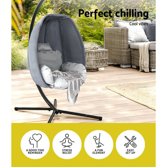 Gardeon Outdoor Egg Swing Chair Patio Furniture Pod Stand Canopy Foldable Grey - RnR Galore