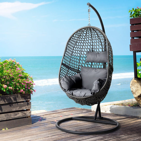 Gardeon Outdoor Egg Swing Chair Wicker Rattan Furniture Pod Stand Cushion Black - RnR Galore