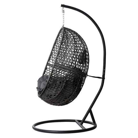 Gardeon Outdoor Egg Swing Chair Wicker Rattan Furniture Pod Stand Cushion Black - RnR Galore