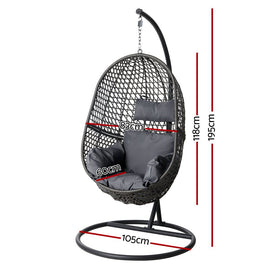 Gardeon Outdoor Egg Swing Chair Wicker Rattan Furniture Pod Stand Cushion Black - RnR Galore