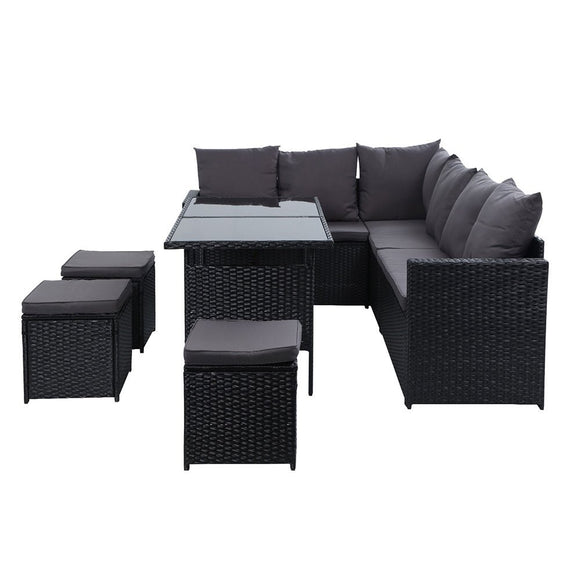 Gardeon Outdoor Furniture Dining Setting Sofa Set Lounge Wicker 9 Seater Black - RnR Galore