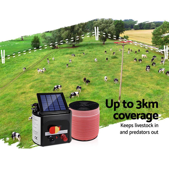 Giantz Fence Energiser 3KM Solar Powered Electric 2000M Poly Tape - RnR Galore