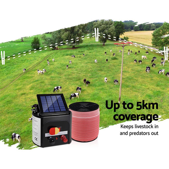 Giantz Fence Energiser 5KM Solar Powered Electric 2000M Poly Tape - RnR Galore
