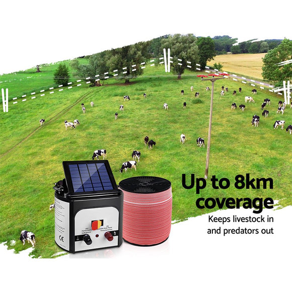 Giantz Fence Energiser 8KM Solar Powered Electric 2000M Poly Tape - RnR Galore