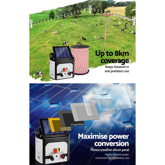 Giantz Fence Energiser 8KM Solar Powered Electric 500M Poly Rope - RnR Galore