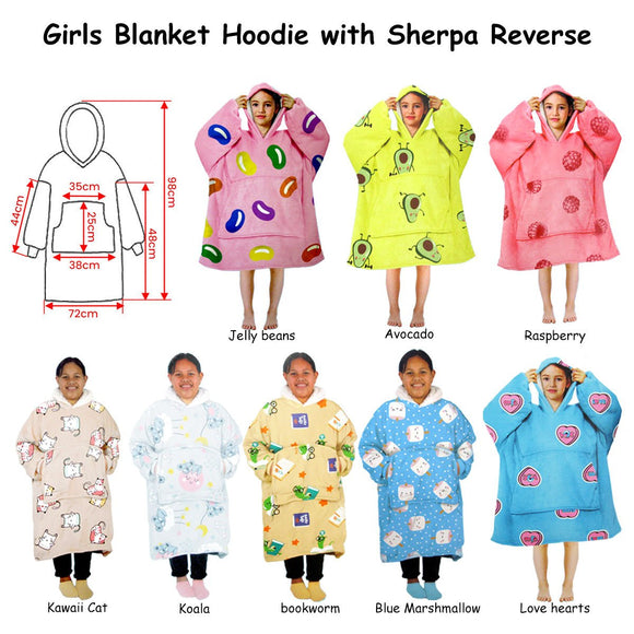 Girls Comfy Warm Blanket Hoodie with Sherpa Fleece Reverse Kawaii Cat - RnR Galore